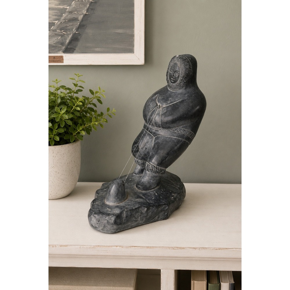 Vintage Abbott Canada Soapstone Inuit Seal Hunter Fisherman Sculpture MCM Statue